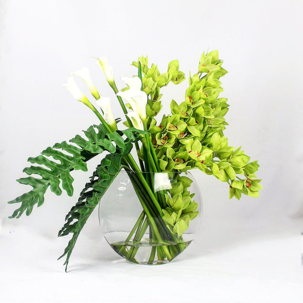 Vase Lune avec Vert Cymbidiums et Arums