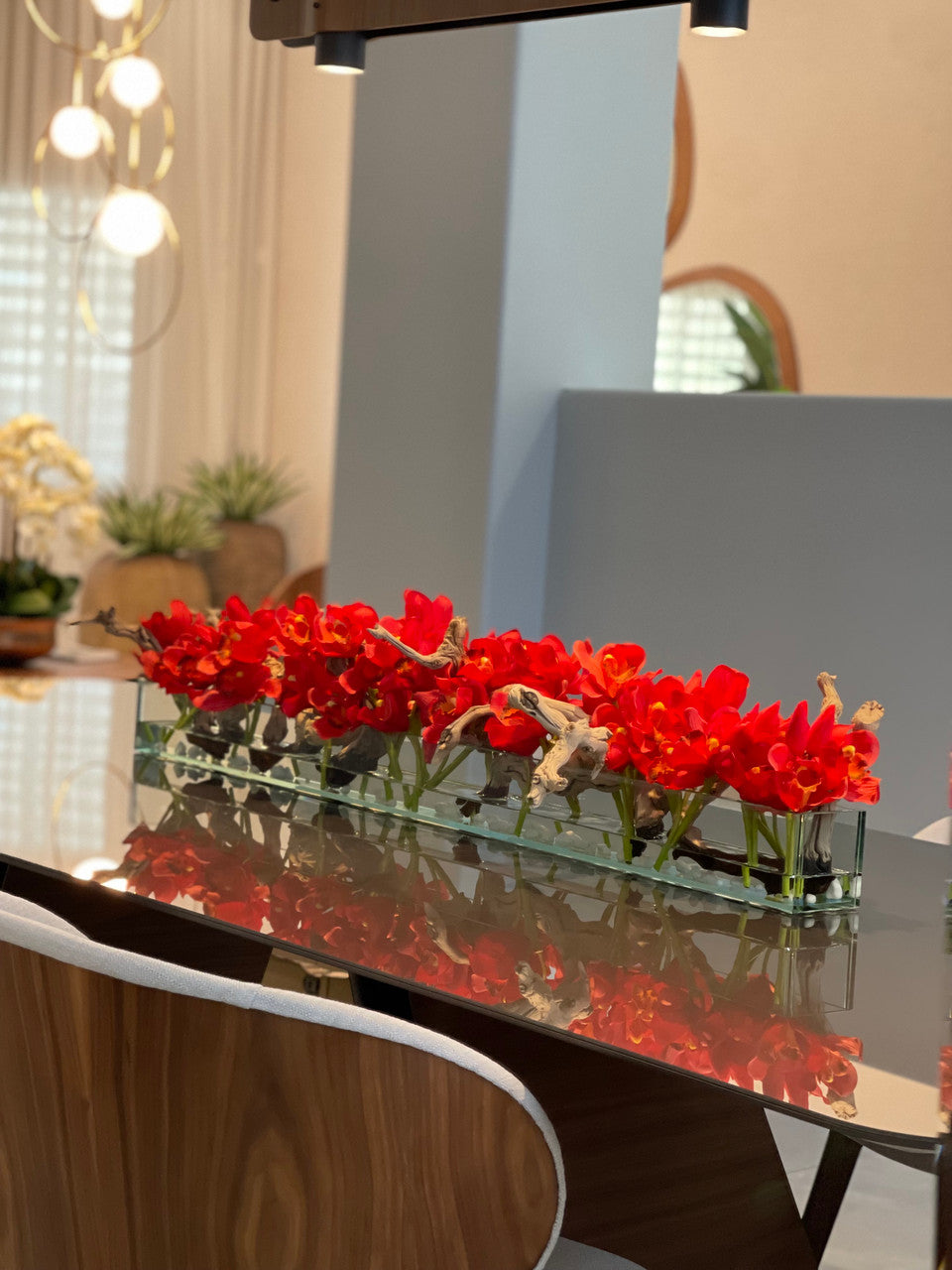 122 Cm Casa Moderna Pot Plateau en Verre avec Rouge Cymbidiums