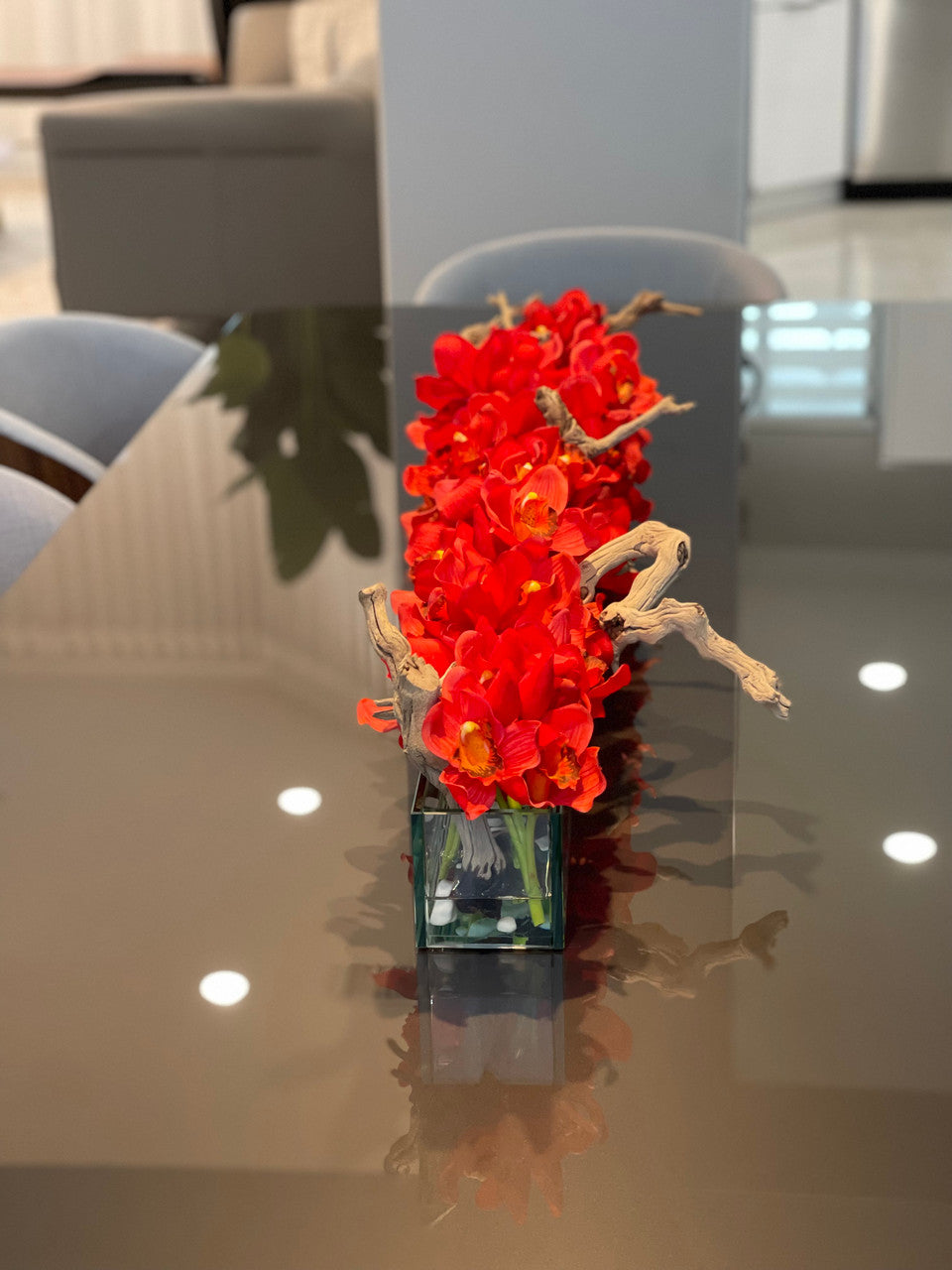 122 Cm Casa Moderna Pot Plateau en Verre avec Rouge Cymbidiums