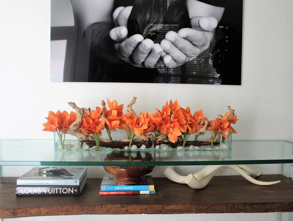 91 Cm Casa Moderna Pot Plateau en Verre avec Orange Orchidées Cymbidium