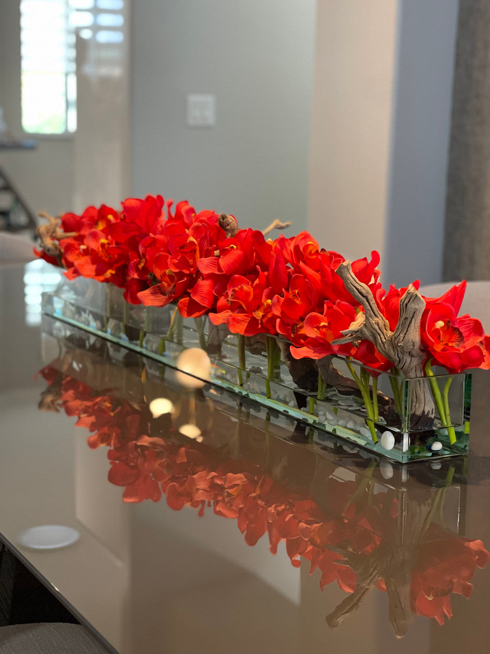 122 Cm Casa Moderna Pot Plateau en Verre avec Rouge Cymbidiums