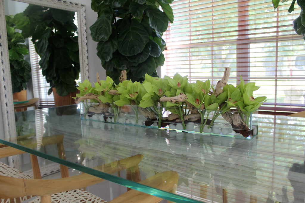 91 Cm Casa Moderna Pot Plateau en Verre avec Vert Orchidées Cymbidium