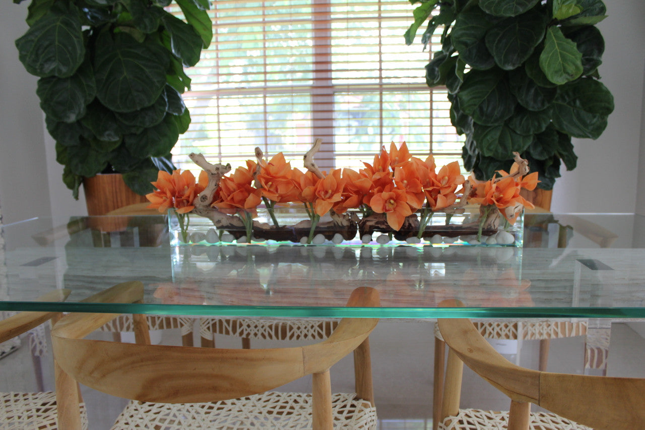 91 Cm Casa Moderna Pot Plateau en Verre avec Orange Orchidées Cymbidium
