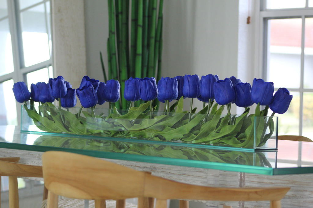122 Cm Casa Moderna Pot Plateau en Verre avec Bleu Tulipes