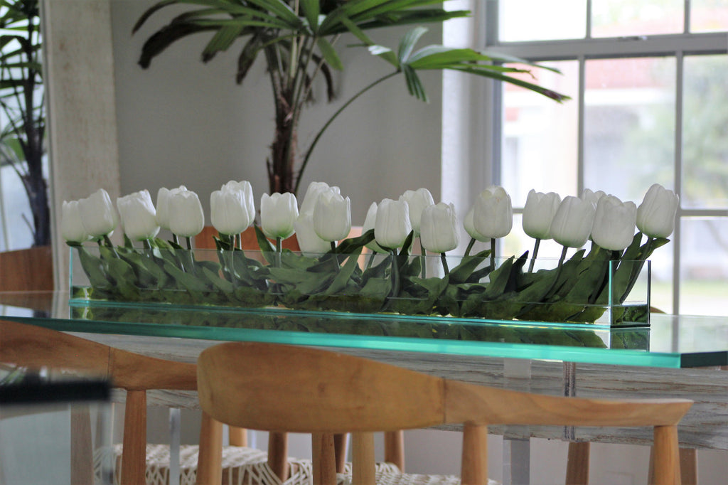 122 Cm Casa Moderna Pot Plateau en Verre avec Blanc Tulipes