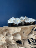 122 Cm Casa Moderna Noir Tinted Pot Plateau en Verre avec Blanc Orchidées Phalaenopsis