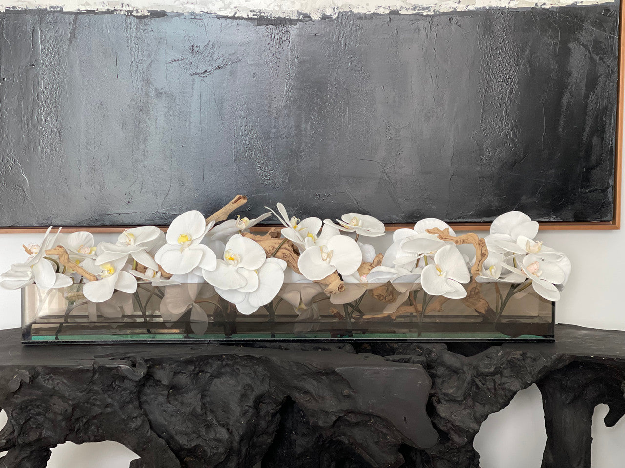 91 Cm Casa Moderna Noir Tinted Pot Plateau en Verre avec Blanc Orchidées Phalaenopsis