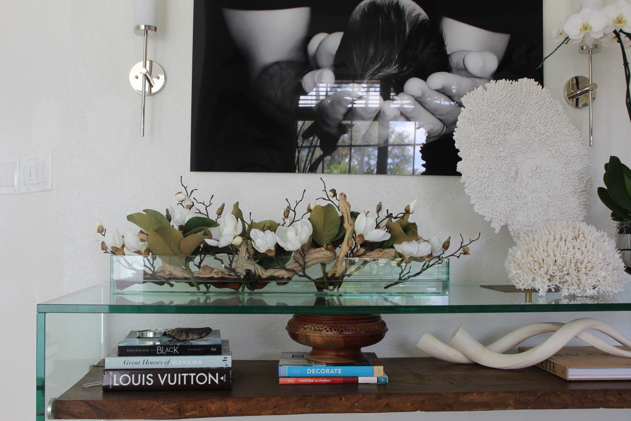 91 Cm Casa Moderna Pot Plateau en Verre avec Blanc Magnolias