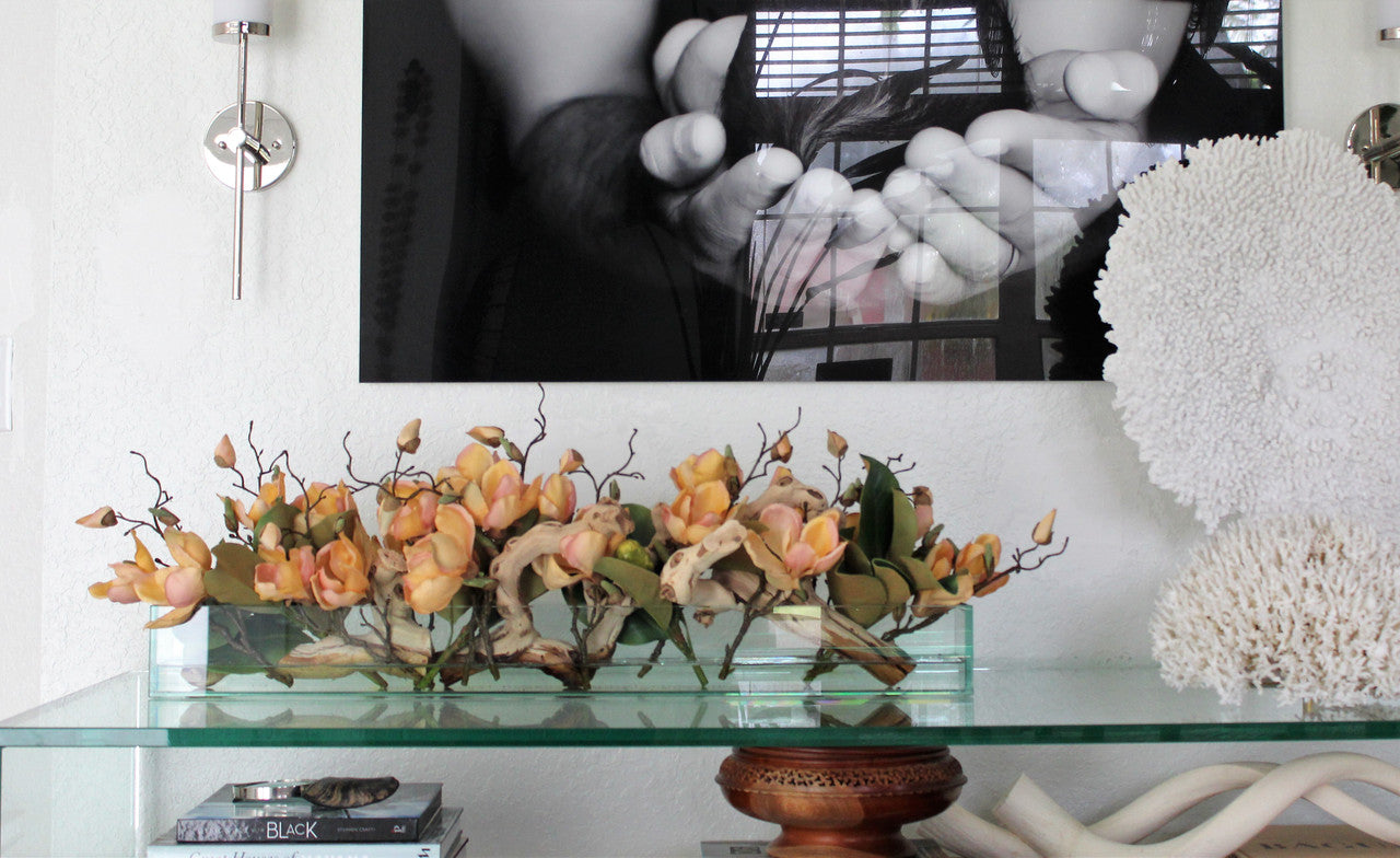 91 Cm Casa Moderna Pot Plateau en Verre avec Peach Magnolias