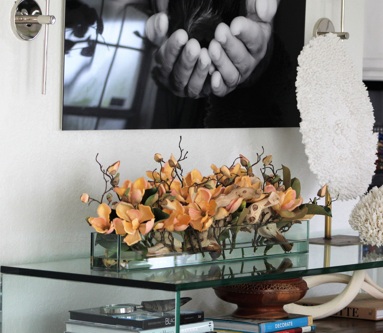 91 Cm Casa Moderna Pot Plateau en Verre avec Peach Magnolias