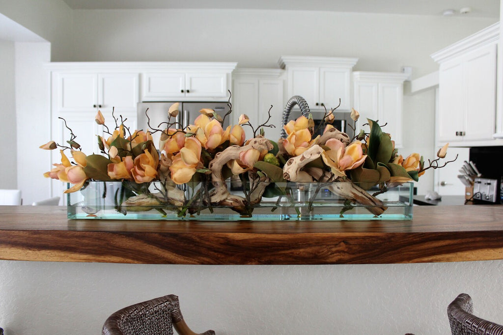 91 Cm Casa Moderna Pot Plateau en Verre avec Peach Magnolias