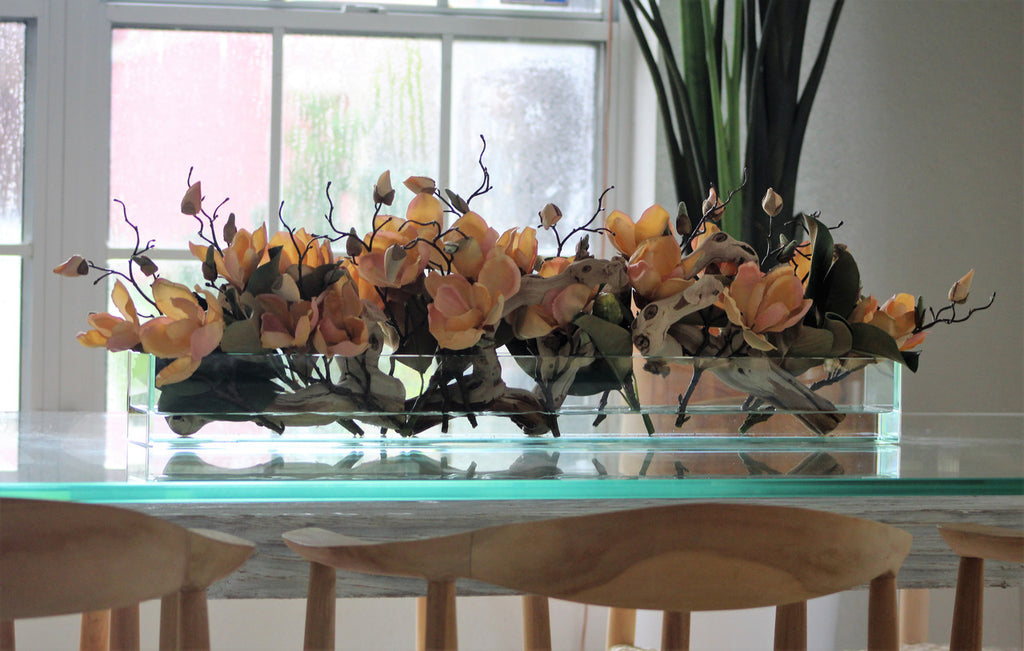 91 Cm Casa Moderna Pot Plateau en Verre avec Peach Magnolias