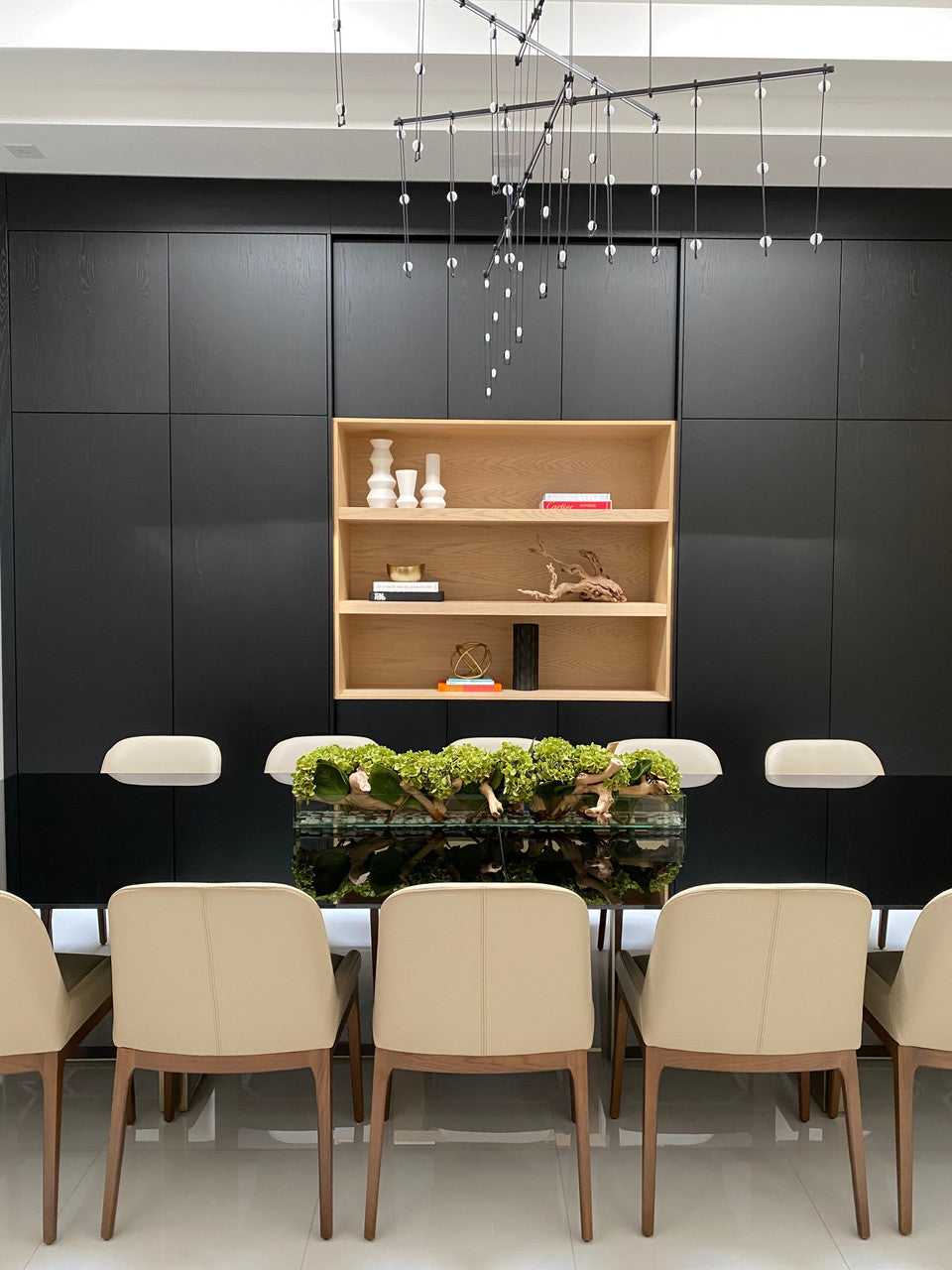 122 Cm Casa Moderna Pot Plateau en Verre avec Vert Hortensias et Bois Flotté