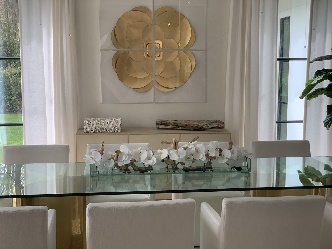 122 Cm Casa Moderna Pot Plateau en Verre avec Blanc Orchidées