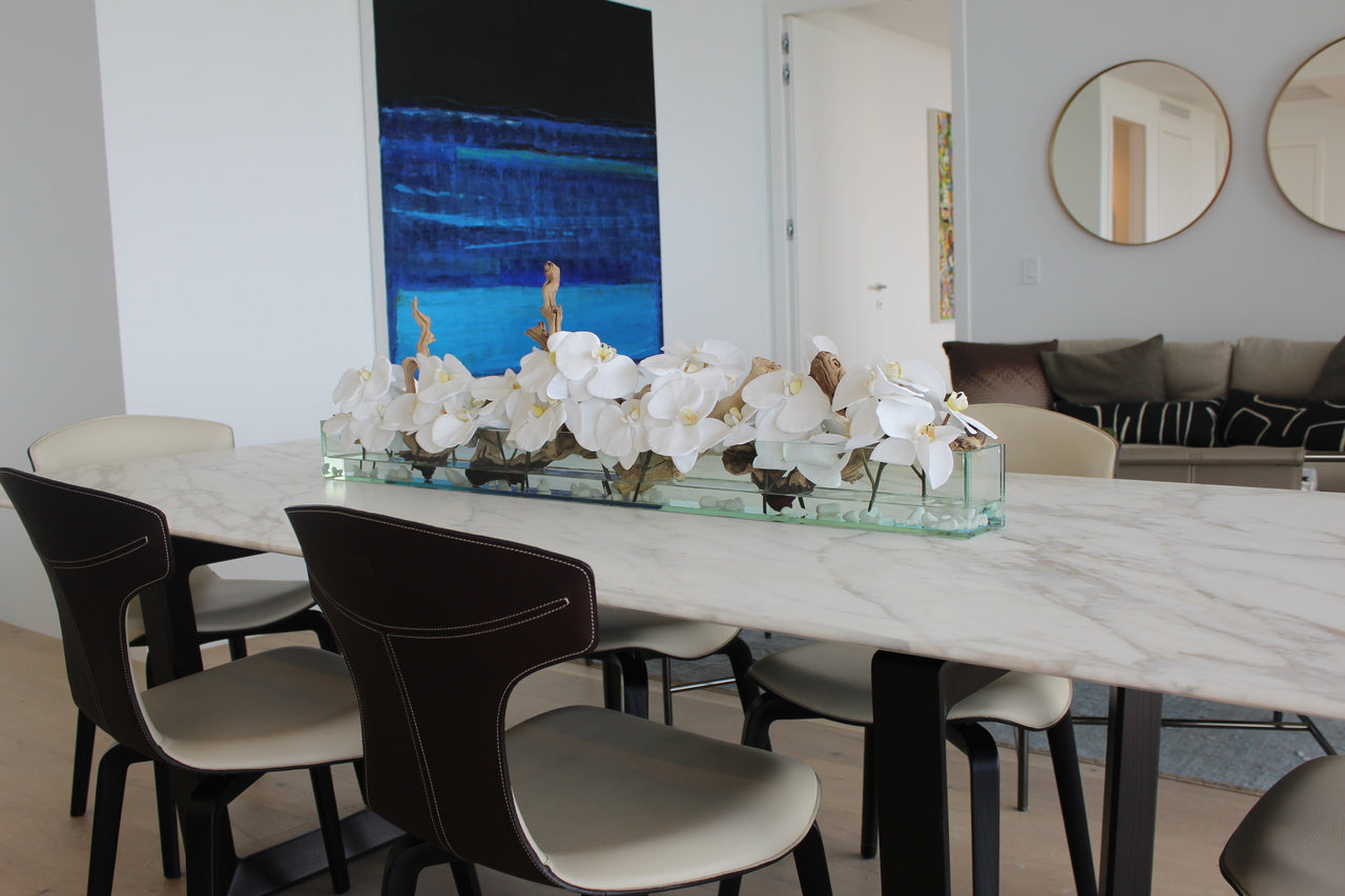 122 Cm Casa Moderna Pot Plateau en Verre avec Blanc Orchidées