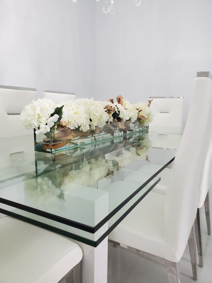 122 Cm Casa Moderna Pot Plateau en Verre avec Blanc Hortensias et Bois Flotté