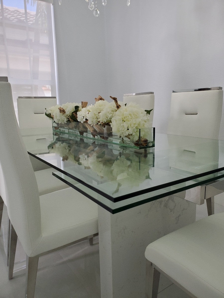 122 Cm Casa Moderna Pot Plateau en Verre avec Blanc Hortensias et Bois Flotté
