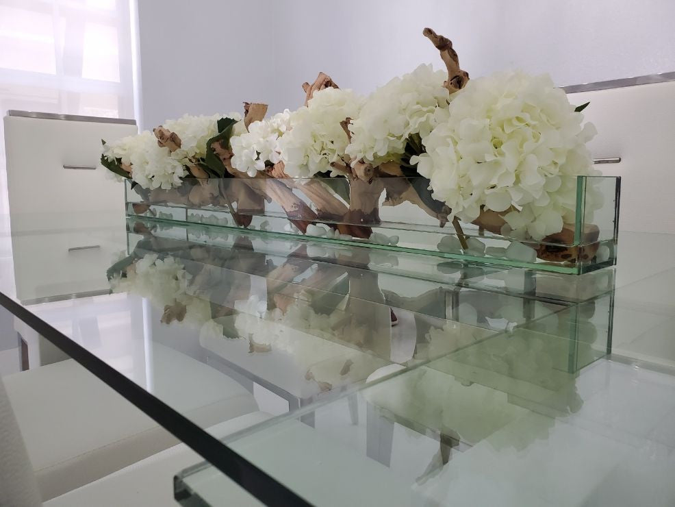 122 Cm Casa Moderna Pot Plateau en Verre avec Blanc Hortensias et Bois Flotté