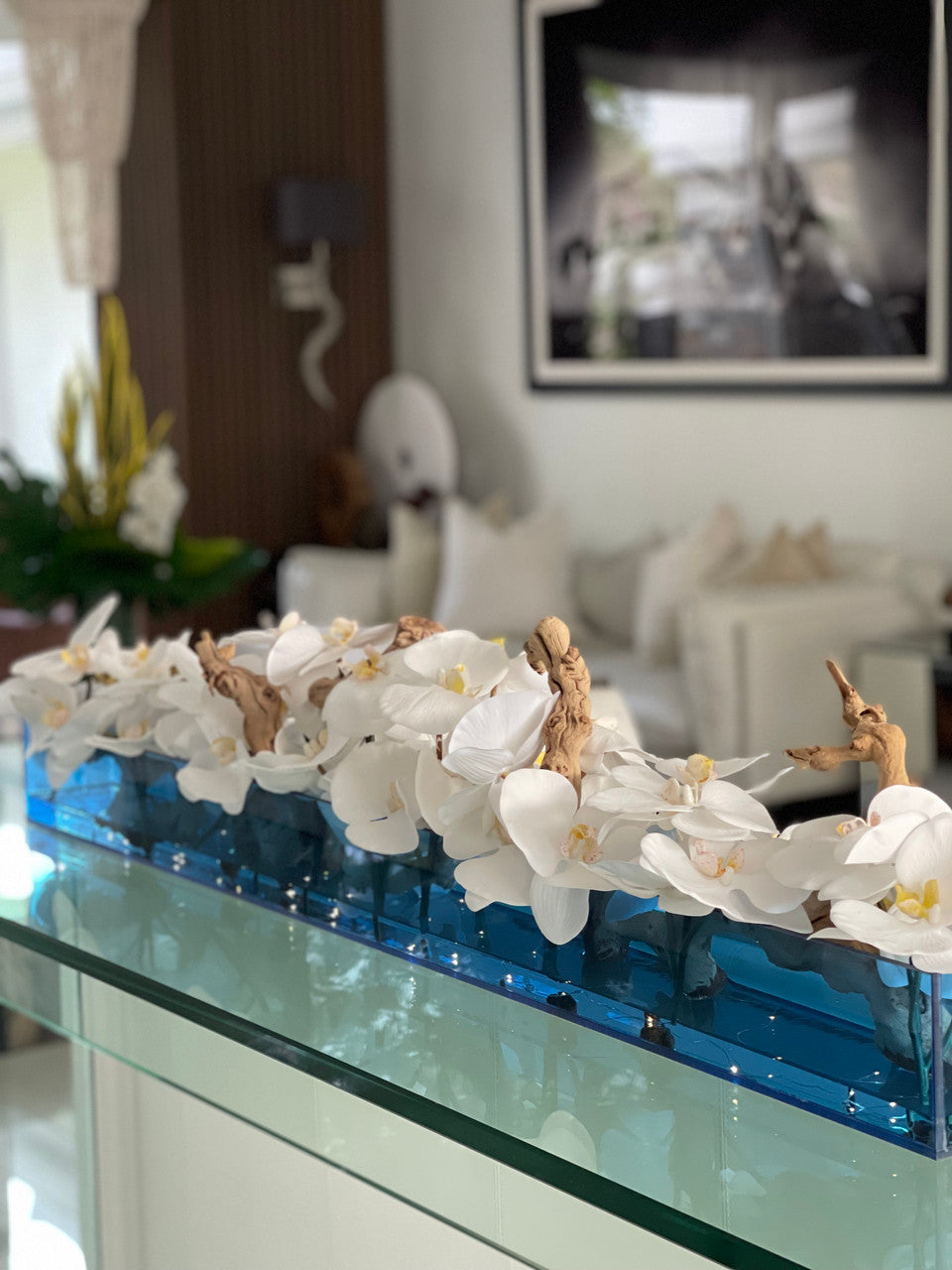 91 Cm Casa Moderna Bleu Acrylic Pot avec Blanc Orchidées et Bois Flotté
