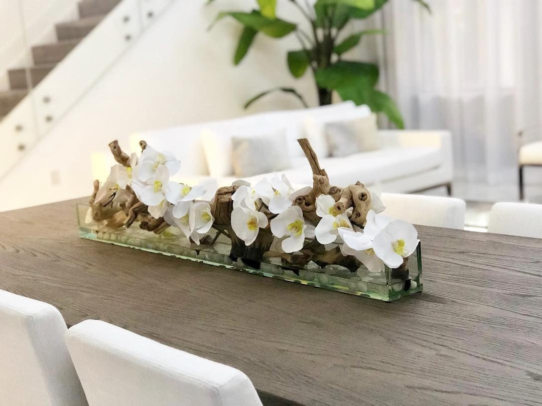 122 Cm Casa Moderna Pot Plateau en Verre avec Blanc Orchidées
