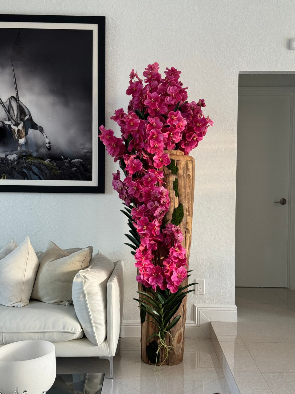Grand Live Edge Teak Vase avec Rose Orchidées Vanda