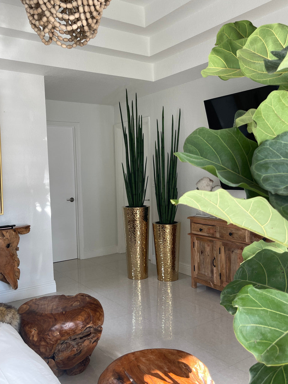 Hammered Acier Inoxydable Tapered Cone (71 Cm) avec Grand Sansevière Plante
