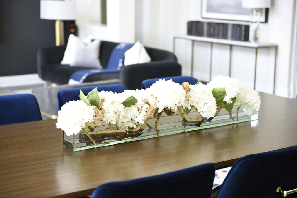 122 Cm Casa Moderna Pot Plateau en Verre avec Blanc Hortensias et Bois Flotté