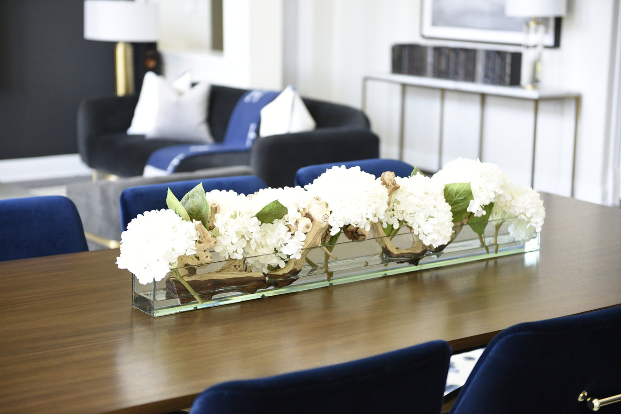 122 Cm Casa Moderna Pot Plateau en Verre avec Blanc Hortensias et Bois Flotté