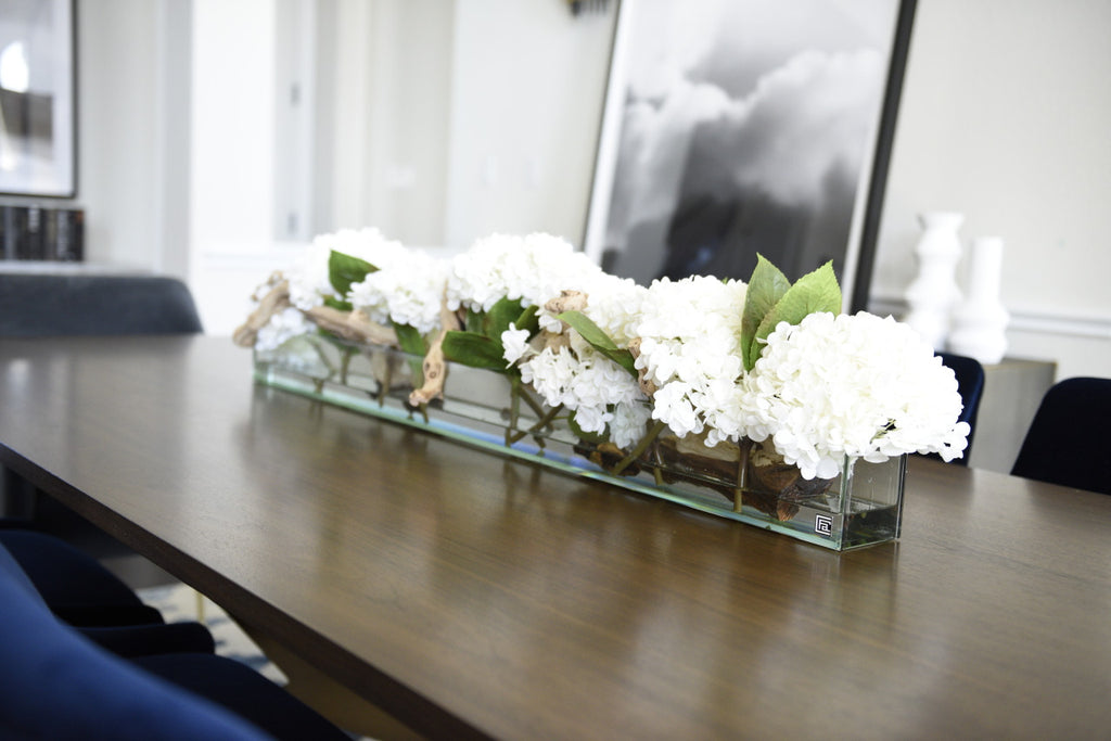 122 Cm Casa Moderna Pot Plateau en Verre avec Blanc Hortensias et Bois Flotté