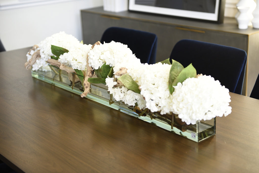 122 Cm Casa Moderna Pot Plateau en Verre avec Blanc Hortensias et Bois Flotté