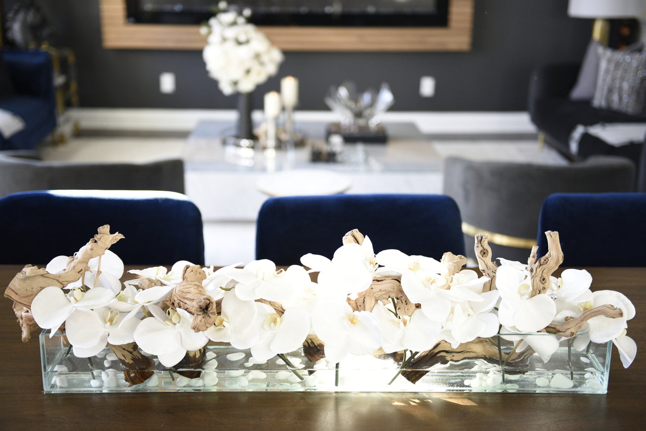 91 Cm Casa Moderna Pot Plateau en Verre avec Blanc Orchidées Phalaenopsis