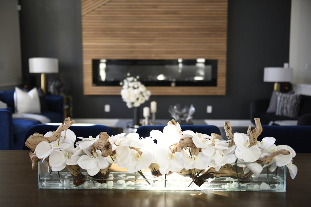 91 Cm Casa Moderna Pot Plateau en Verre avec Blanc Orchidées Phalaenopsis
