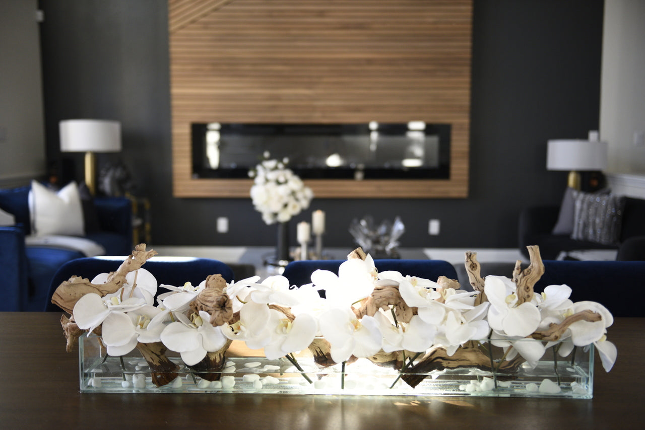 91 Cm Casa Moderna Pot Plateau en Verre avec Blanc Orchidées Phalaenopsis