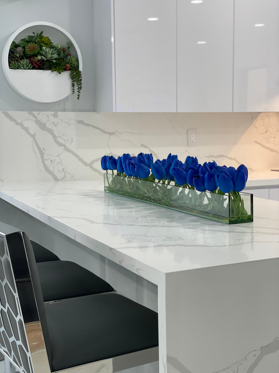 91 Cm Casa Moderna Pot Plateau en Verre avec Bleu Tulipes