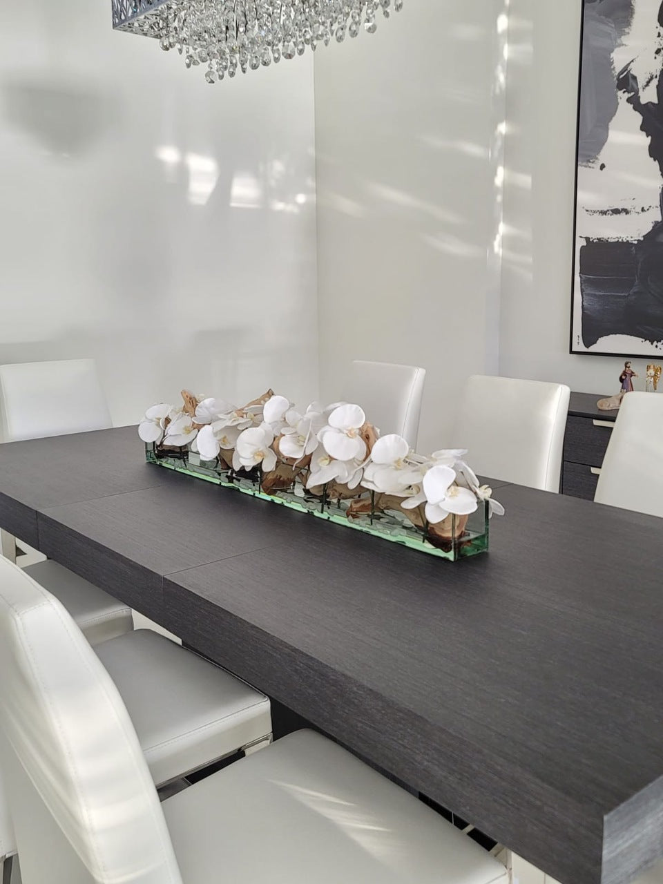 91 Cm Casa Moderna Pot Plateau en Verre avec Blanc Orchidées Phalaenopsis