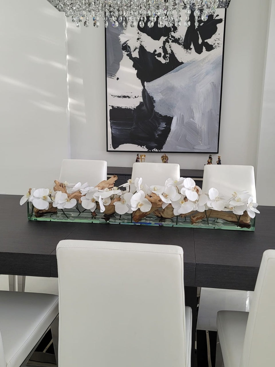 91 Cm Casa Moderna Pot Plateau en Verre avec Blanc Orchidées Phalaenopsis