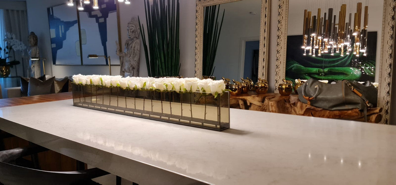 122 Cm Skinny Casa Moderna avec Blanc Roses sur Smoked Glass