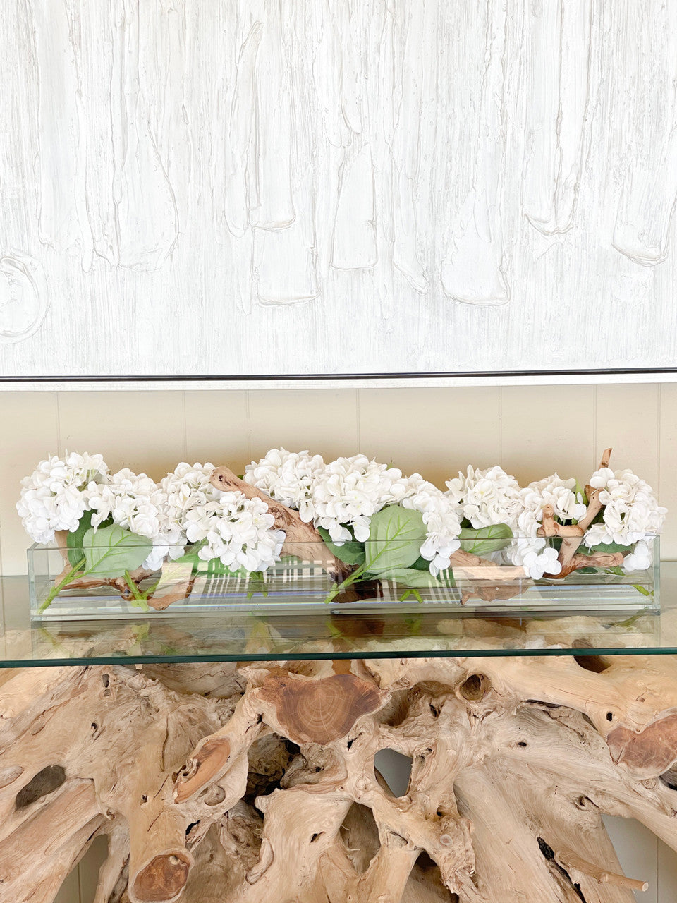 122 Cm Casa Moderna Pot Plateau en Verre avec Blanc Hortensias et Bois Flotté