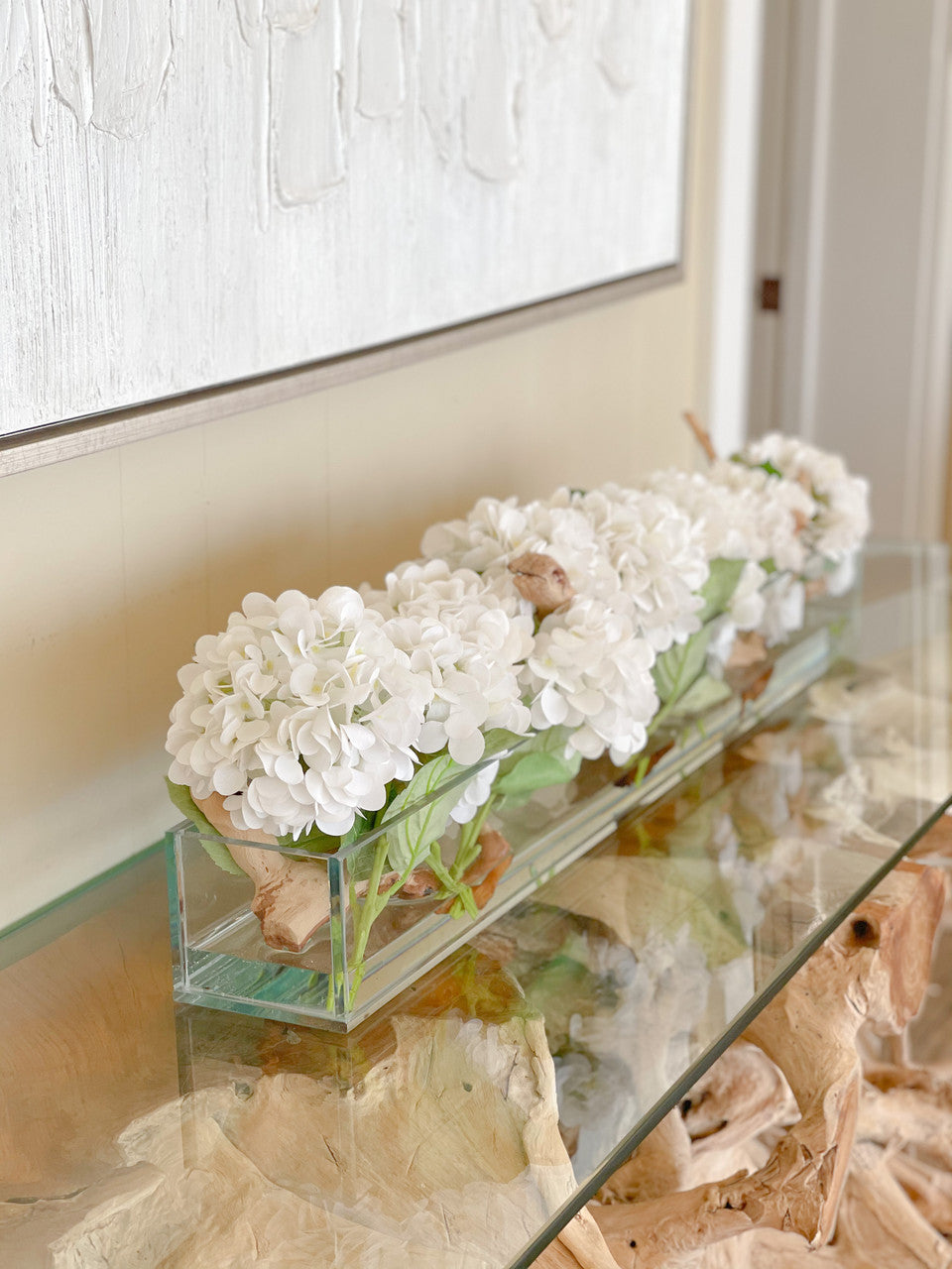 91 Cm Casa Moderna Pot Plateau en Verre avec Blanc Hortensias et Bois Flotté