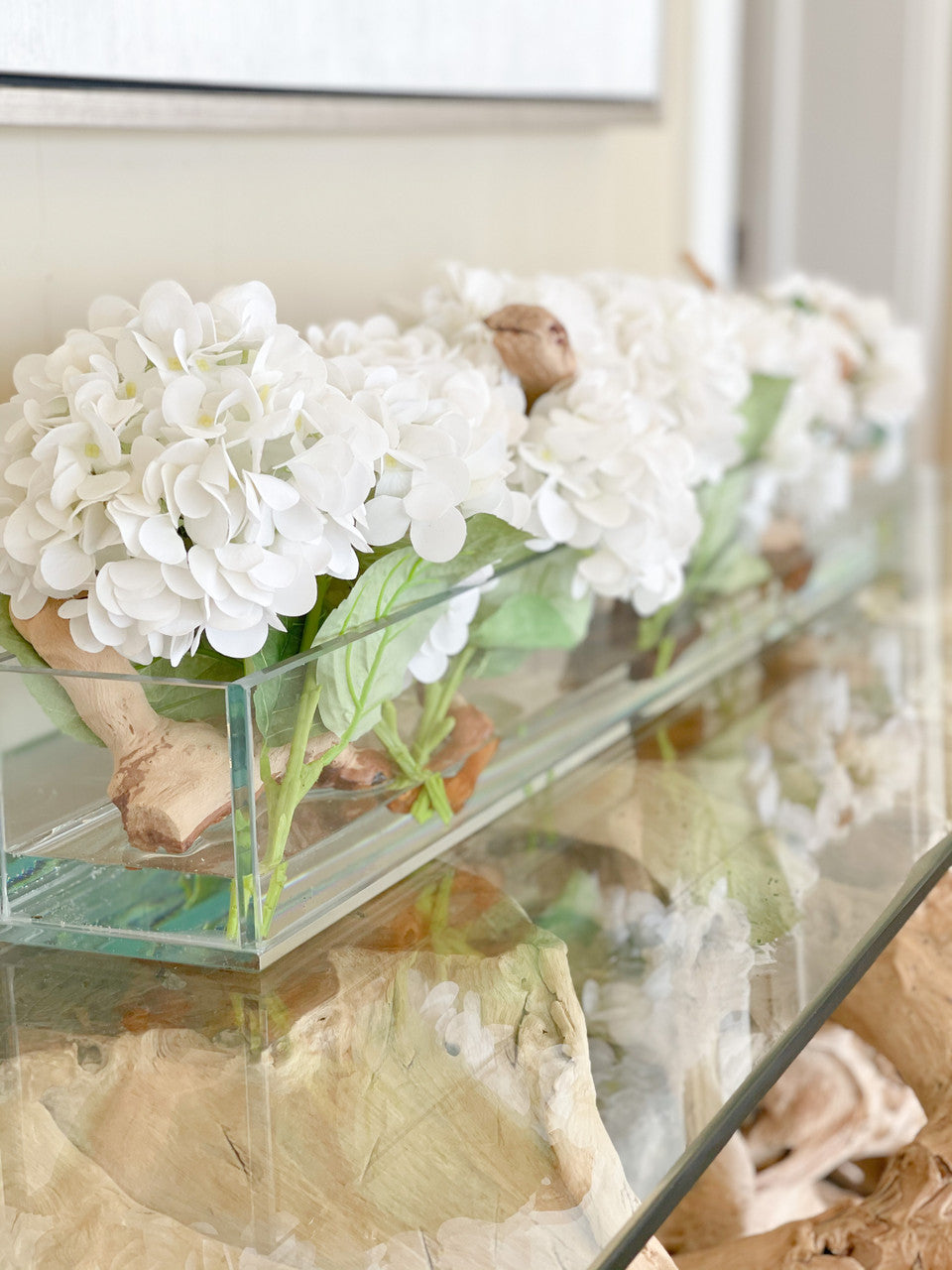 122 Cm Casa Moderna Pot Plateau en Verre avec Blanc Hortensias et Bois Flotté
