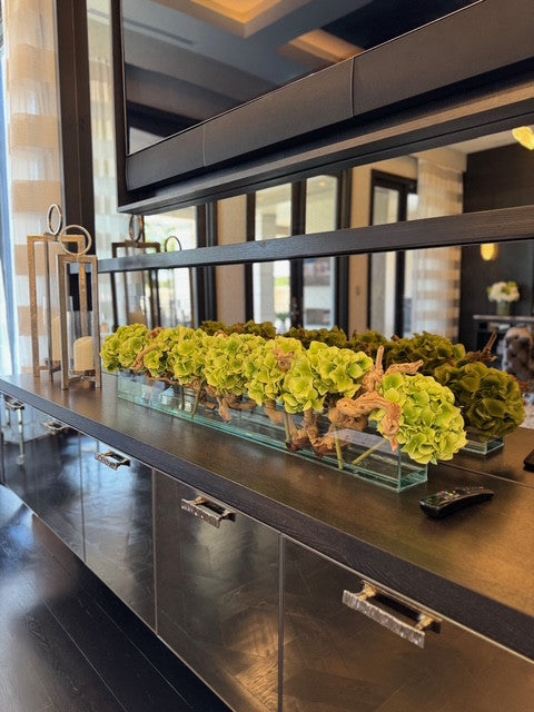 122 Cm Casa Moderna Pot Plateau en Verre avec Vert Hortensias et Bois Flotté