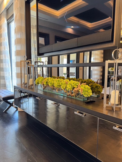 122 Cm Casa Moderna Pot Plateau en Verre avec Vert Hortensias et Bois Flotté