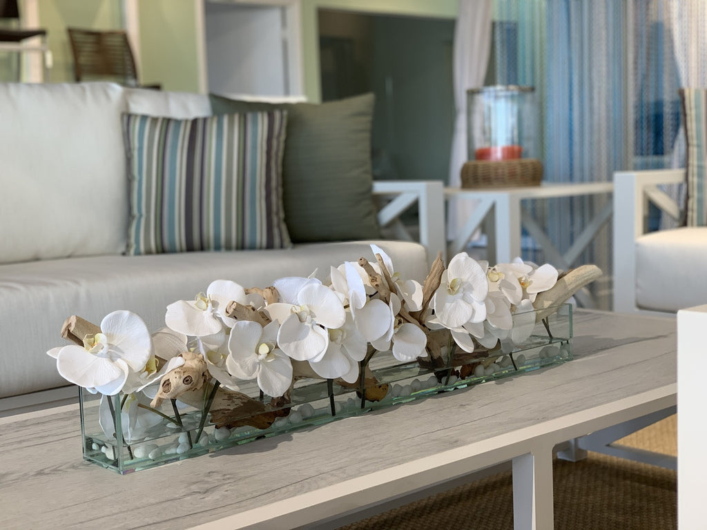 91 Cm Casa Moderna Pot Plateau en Verre avec Blanc Orchidées Phalaenopsis