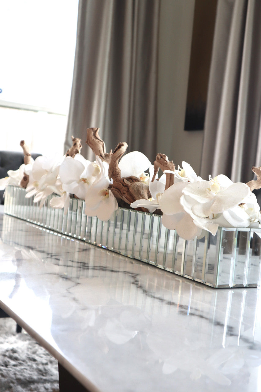 122 Cm Dazzle Mirrored Pot avec Blanc Orchidées