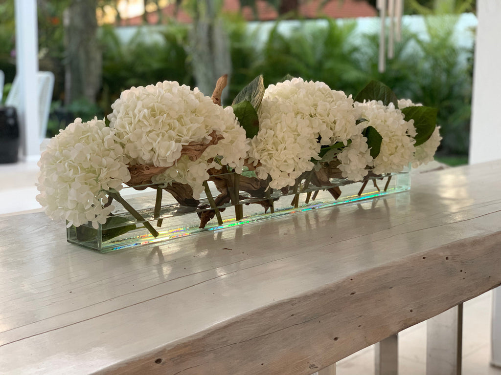 91 Cm Casa Moderna Pot Plateau en Verre avec Blanc Hortensias et Bois Flotté