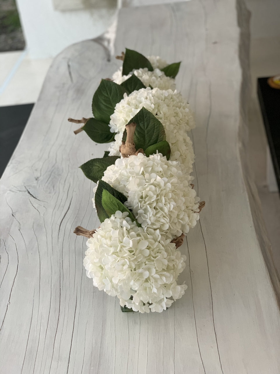 91 Cm Casa Moderna Pot Plateau en Verre avec Blanc Hortensias et Bois Flotté
