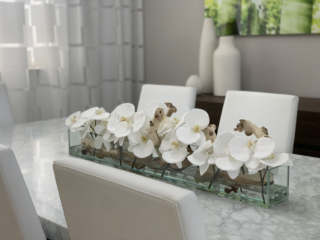 91 Cm Casa Moderna Pot Plateau en Verre avec Blanc Orchidées Phalaenopsis