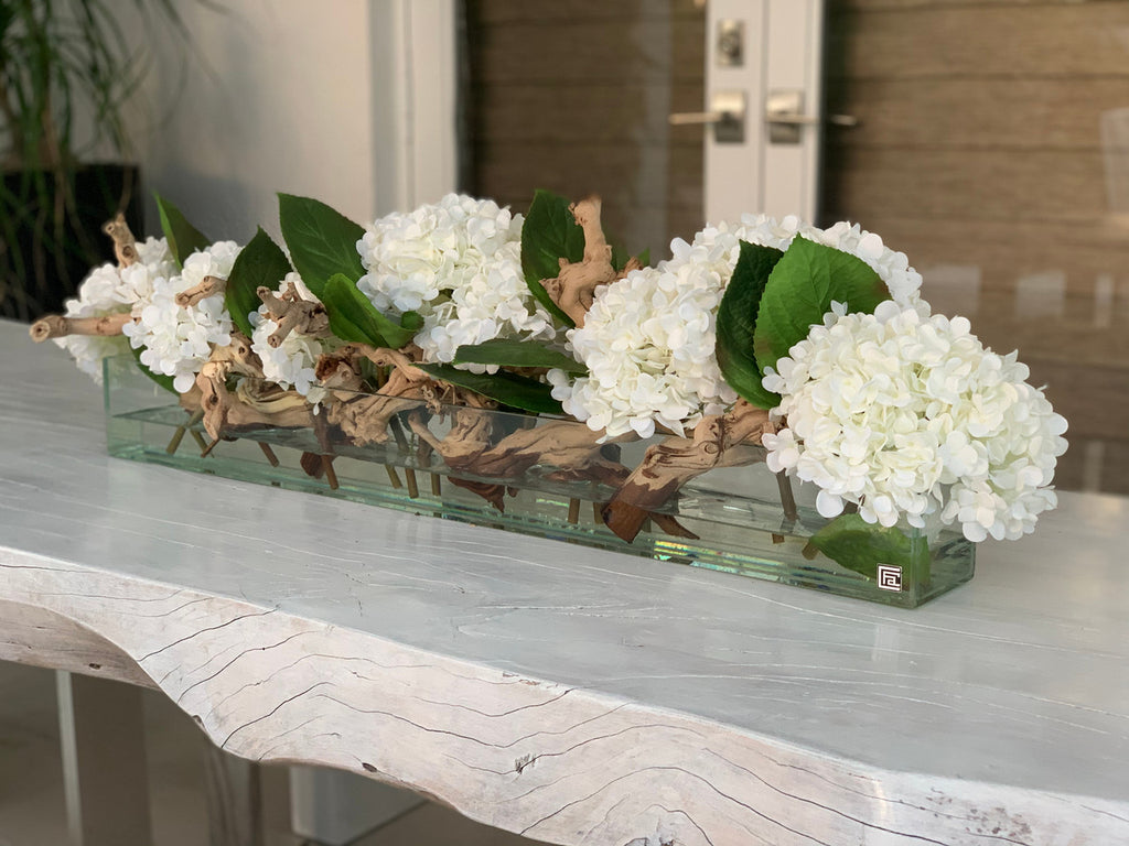 91 Cm Casa Moderna Pot Plateau en Verre avec Blanc Hortensias et Bois Flotté