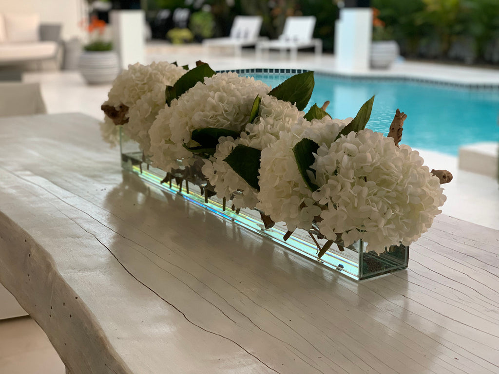 91 Cm Casa Moderna Pot Plateau en Verre avec Blanc Hortensias et Bois Flotté