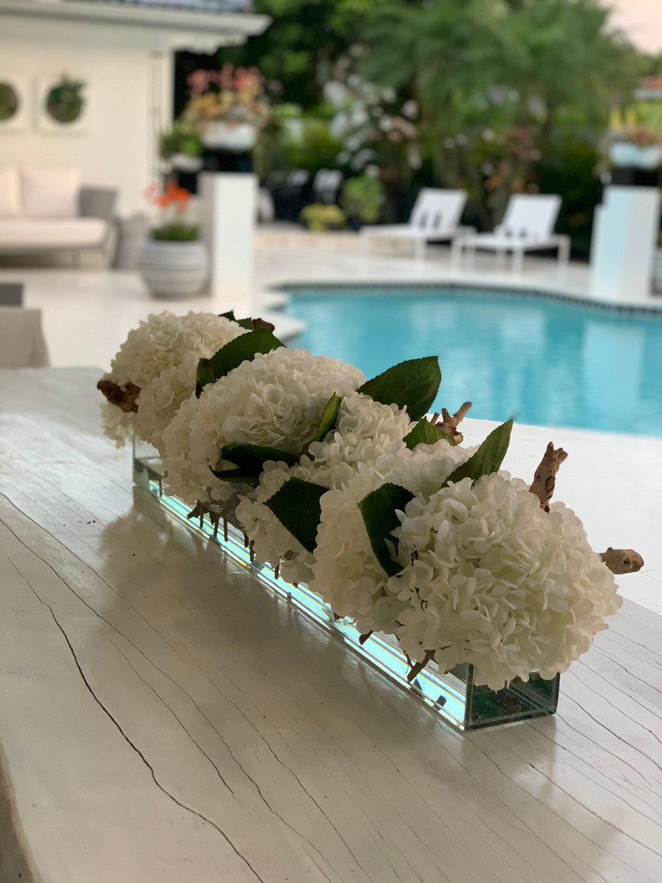 91 Cm Casa Moderna Pot Plateau en Verre avec Blanc Hortensias et Bois Flotté